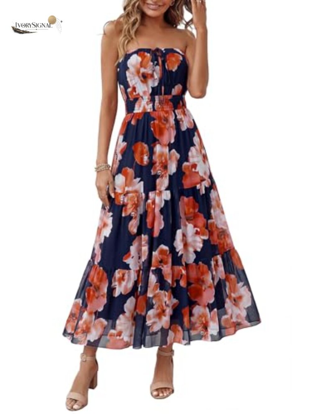 Women's Strapless Boho Floral Mesh Maxi Dress Summer Beach Wedding Guest